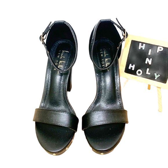 Nicole Miller Platform Gold Studded Heels Black Size 6.5 - Picture 1 of 10